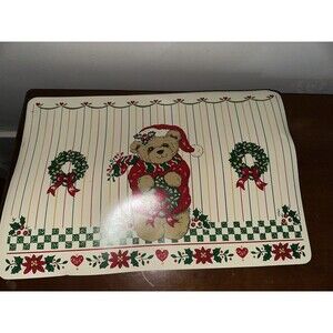4 Vintage B&D Vinyl Christmas Placemats Christmas Bear w/Holly Wreaths Pre-Owned